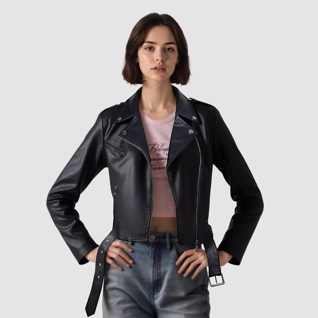 Red women's PU leather motorcycle jacket featuring a short belt on the lapel.