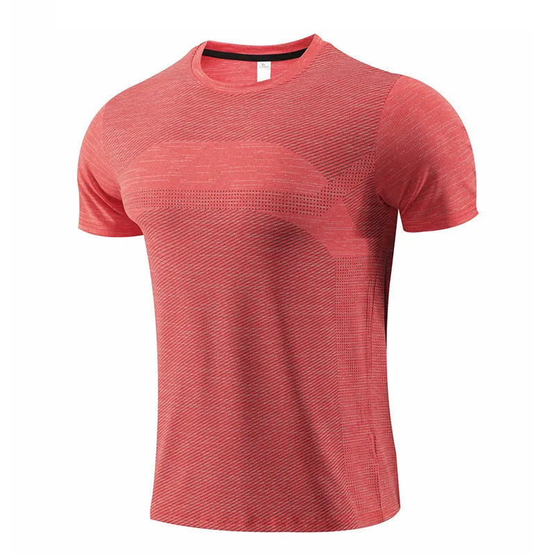 Short sleeve sports t-shirt for running in polyester spandex fabric, shown in red colour.