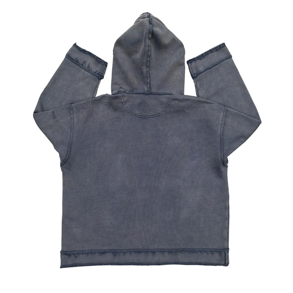 Reverse dark blue hoodie sweater laid flat, showing front design and hood.