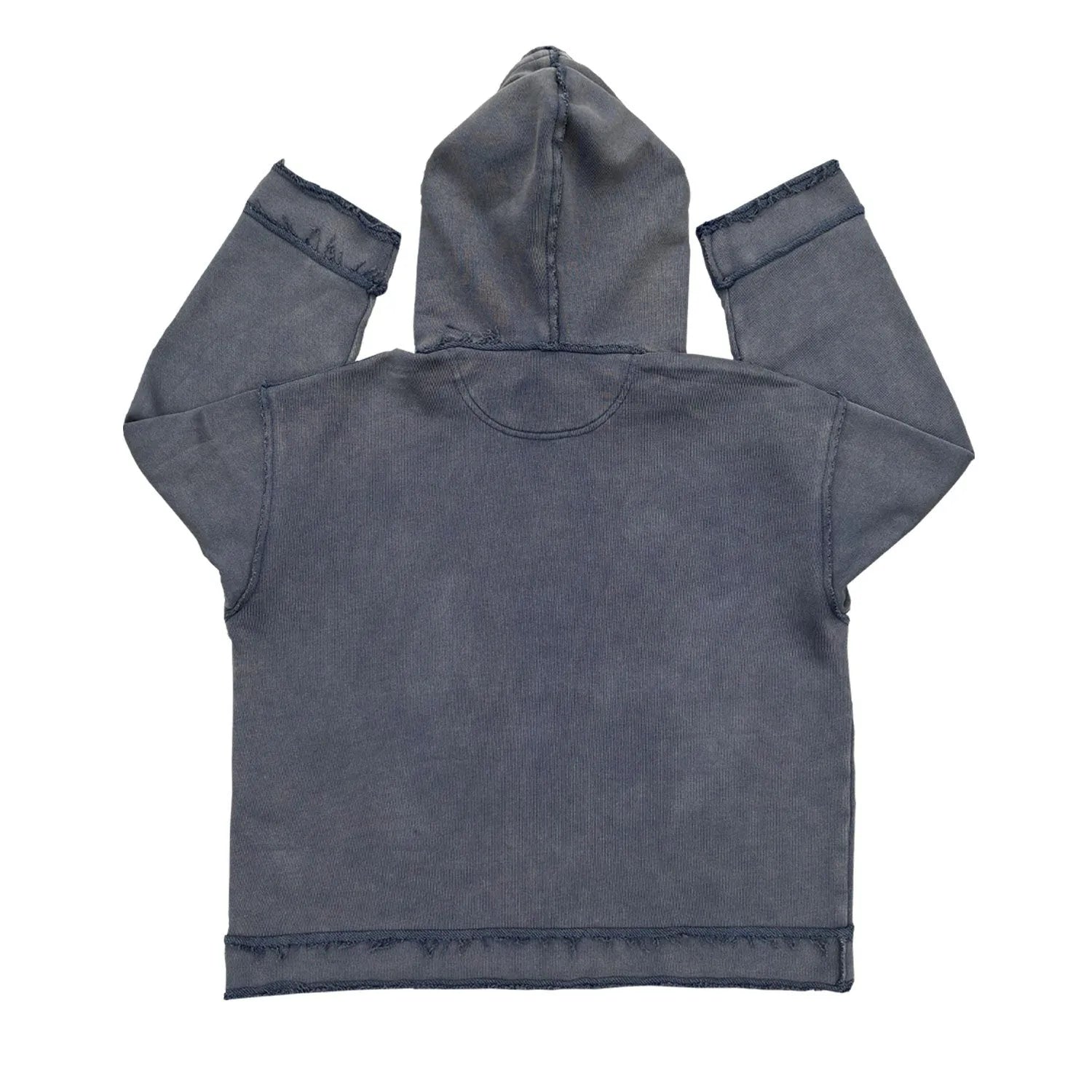 Reverse dark blue hoodie sweater laid flat, showing front design and hood.
