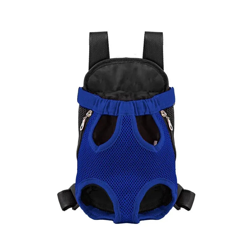 Convertible dog carrier backpack worn on front with small dog inside, showing adjustable straps and breathable mesh panels
