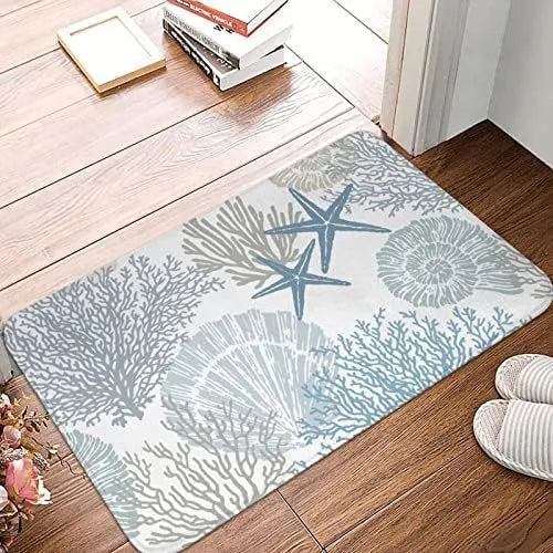 Personalised flannel floor mat showing coastal starfish and brown cow print options in square shape.