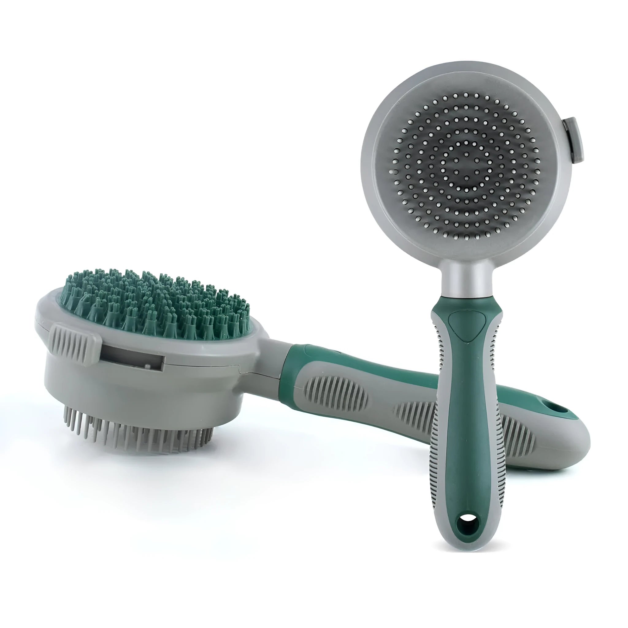 Two-sided silicone cat brush with green handle, showing slicker brush and massage sides