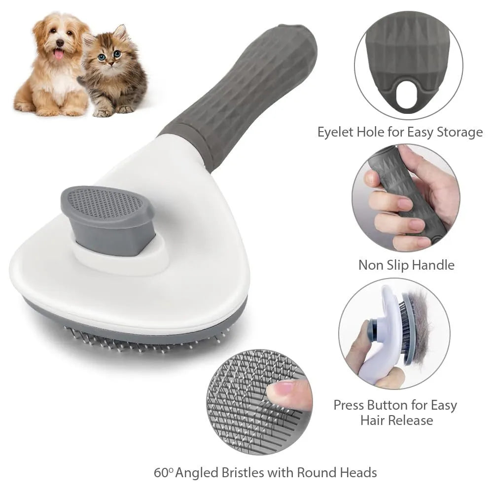 Cat grooming brush with a release button, featuring fine wire bristles, shown in blue colour.