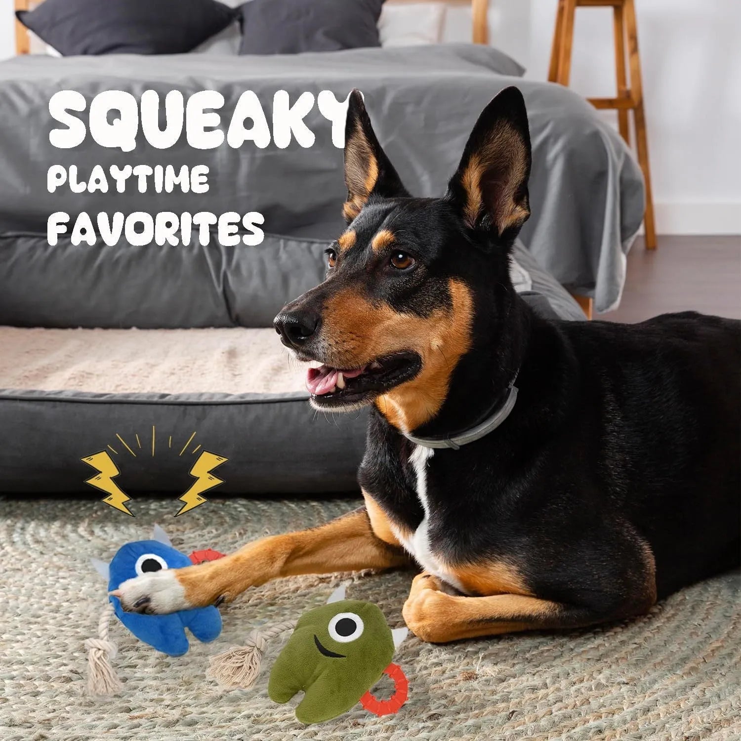Blue and green monster-themed plush dog toy with cotton rope elements and squeaker