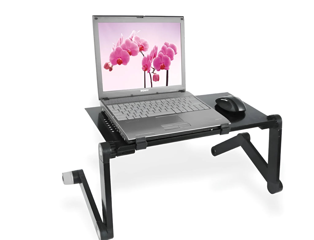 Black vertical folding metal laptop desk with ventilated surface and adjustable height showing legs extended