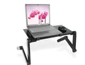 Black vertical folding metal laptop desk with ventilated surface and adjustable height showing legs extended