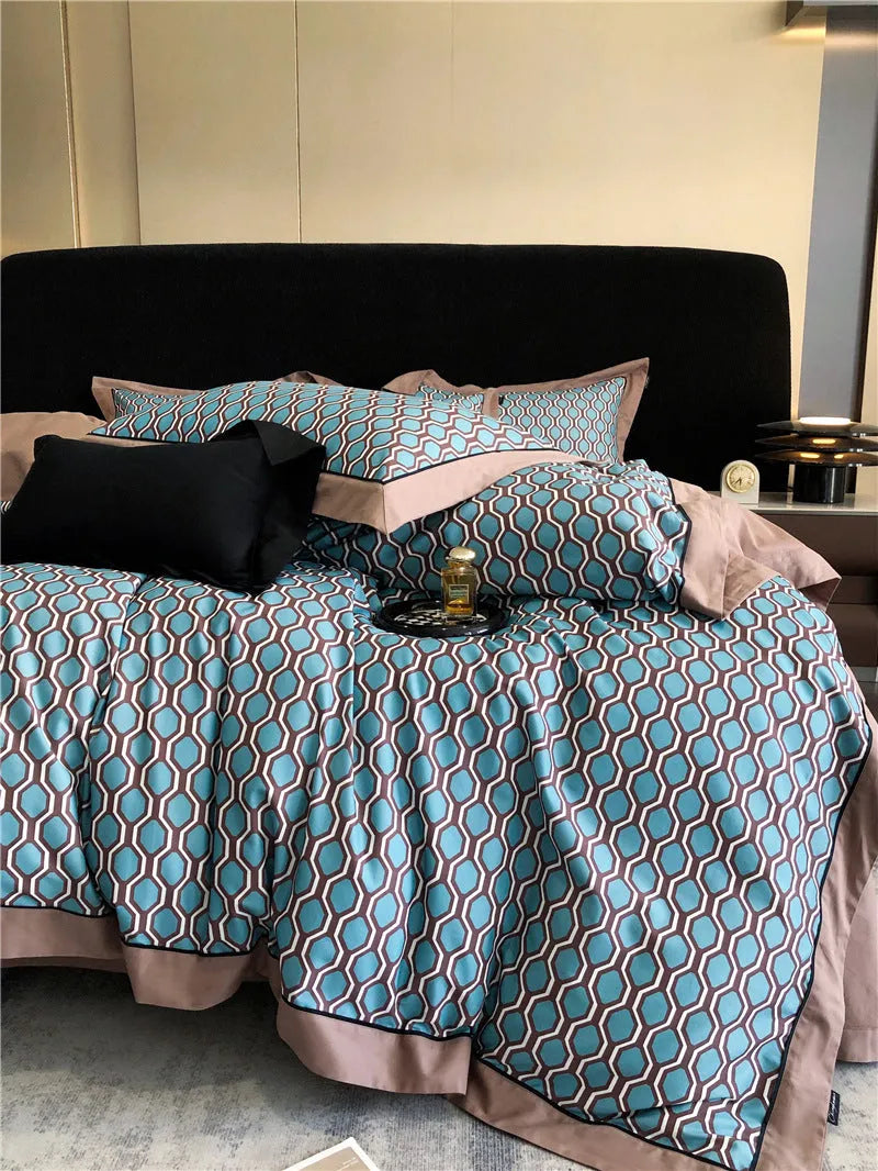 Long-staple cotton printed four-piece bedding set with geometric pattern, sanded fabric, digital print, European classical style