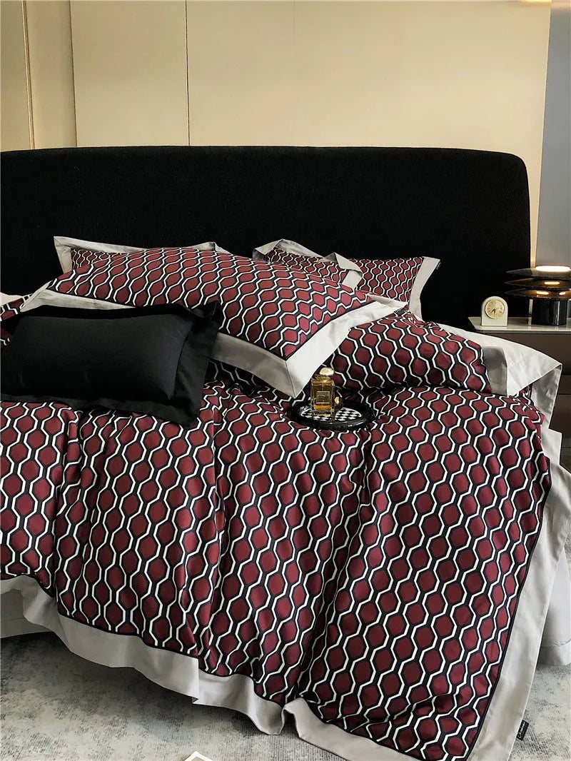 Long-staple cotton printed four-piece bedding set with geometric pattern, sanded fabric, digital print, European classical style