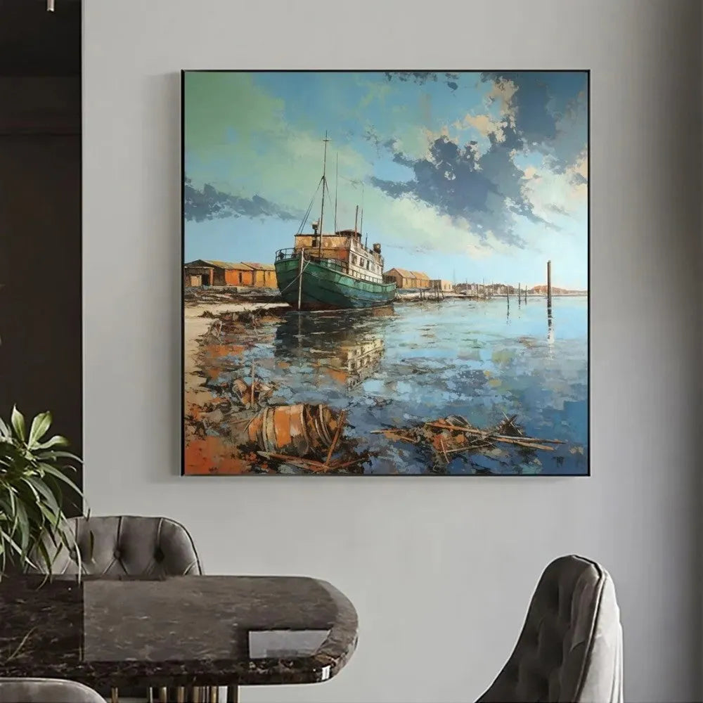 Hand painted oil painting on canvas abstract pier scenery square wall art in modern style