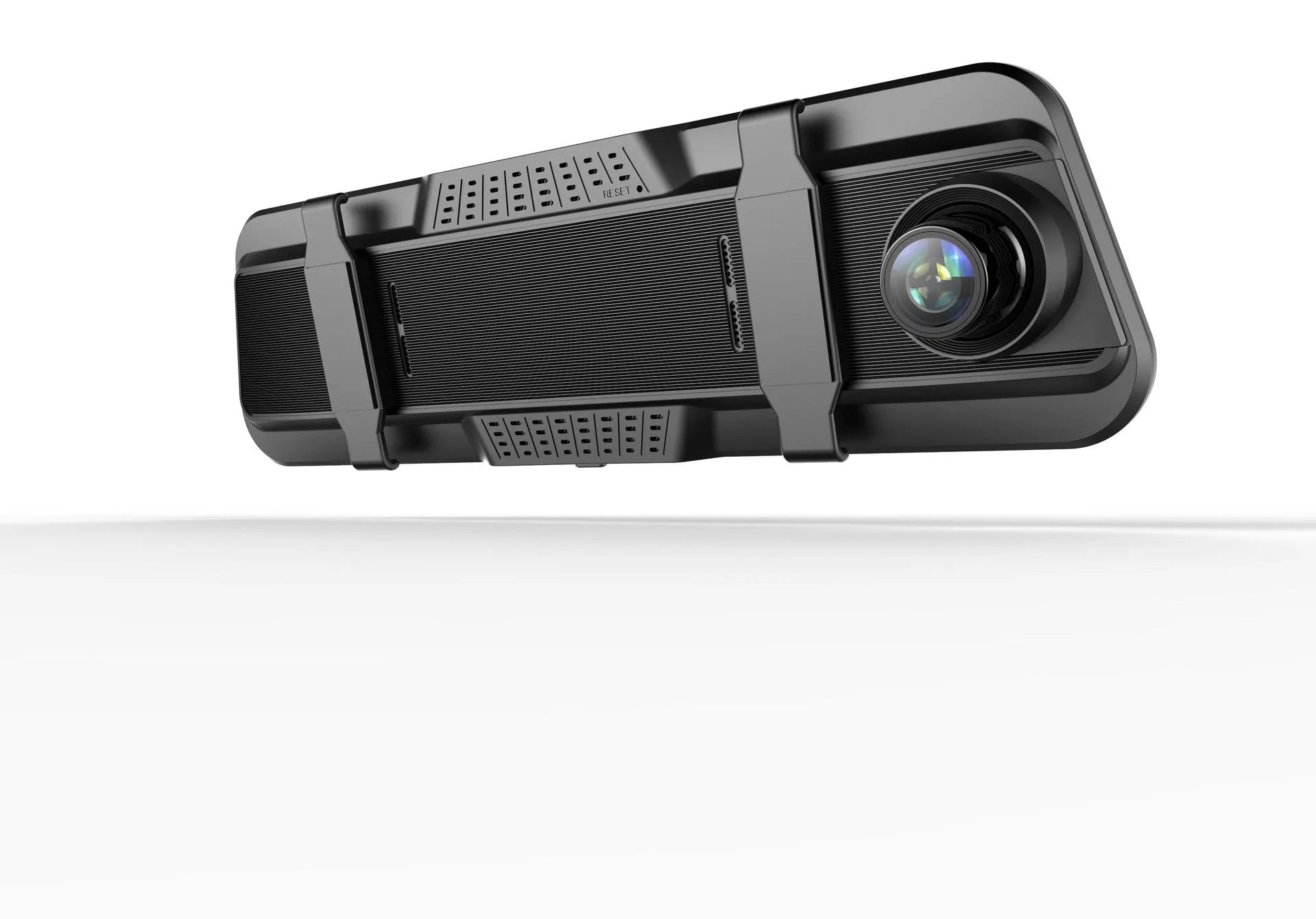 Black dual-lens driving recorder with 9.66-inch touch screen mounted on car windscreen.