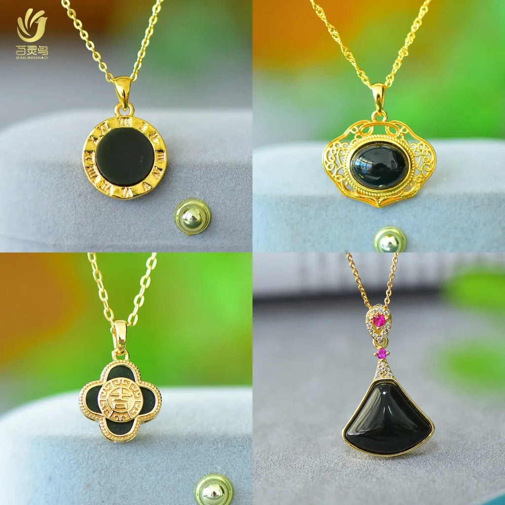 Copper inlaid natural Hetian gray and ink blue jade pendant necklace on a chain.