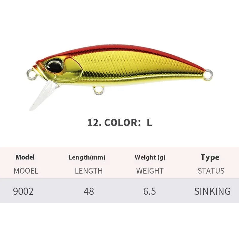 48mm submerged mino fishing lure for mandarin fish and snakehead in various colours