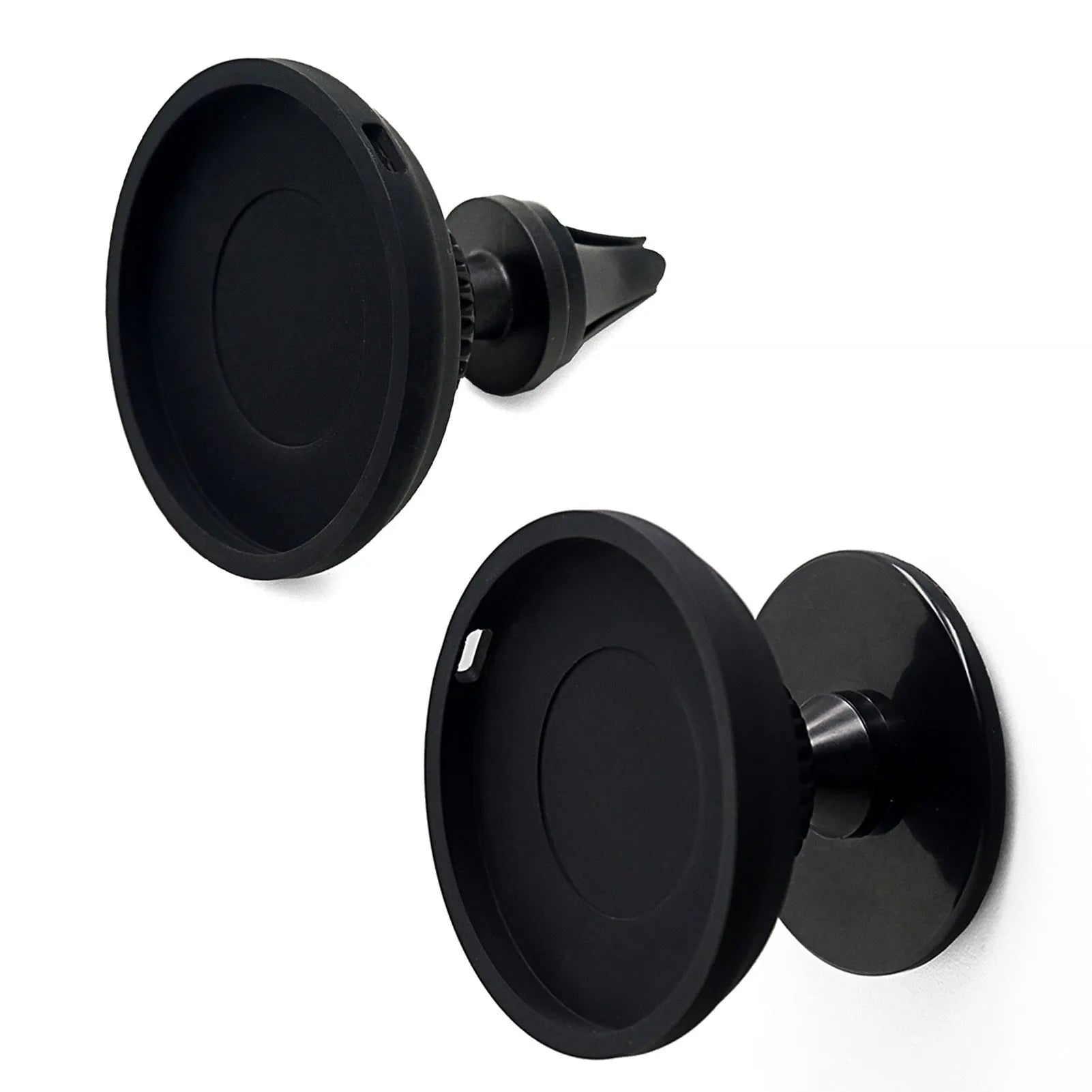 Black magnetic car phone holder mounted on vehicle air vent with smartphone attached