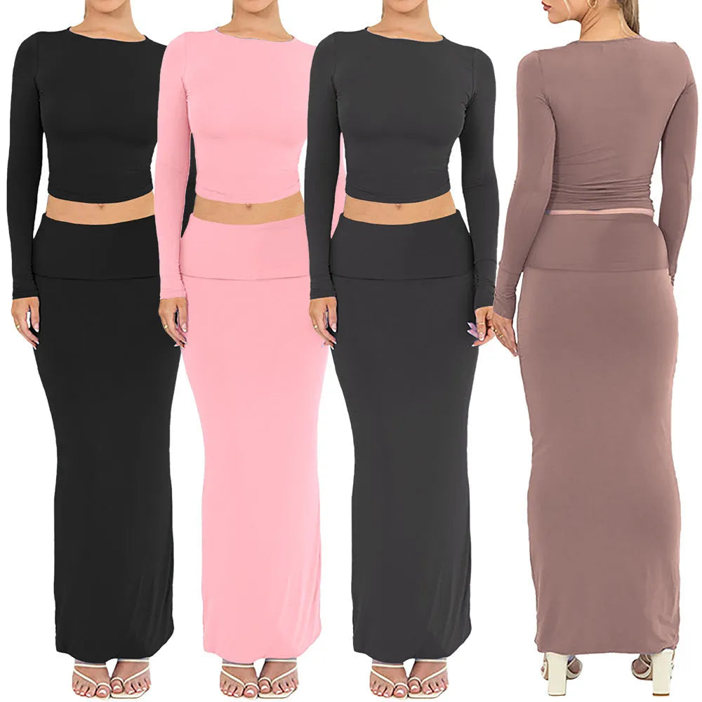Women's sweet style two-piece suit with crop top and long skirt in polyester fabric