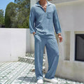 Men's casual polyester shirt trousers suit in black, caramel, khaki or lake blue colours with shirt jacket design