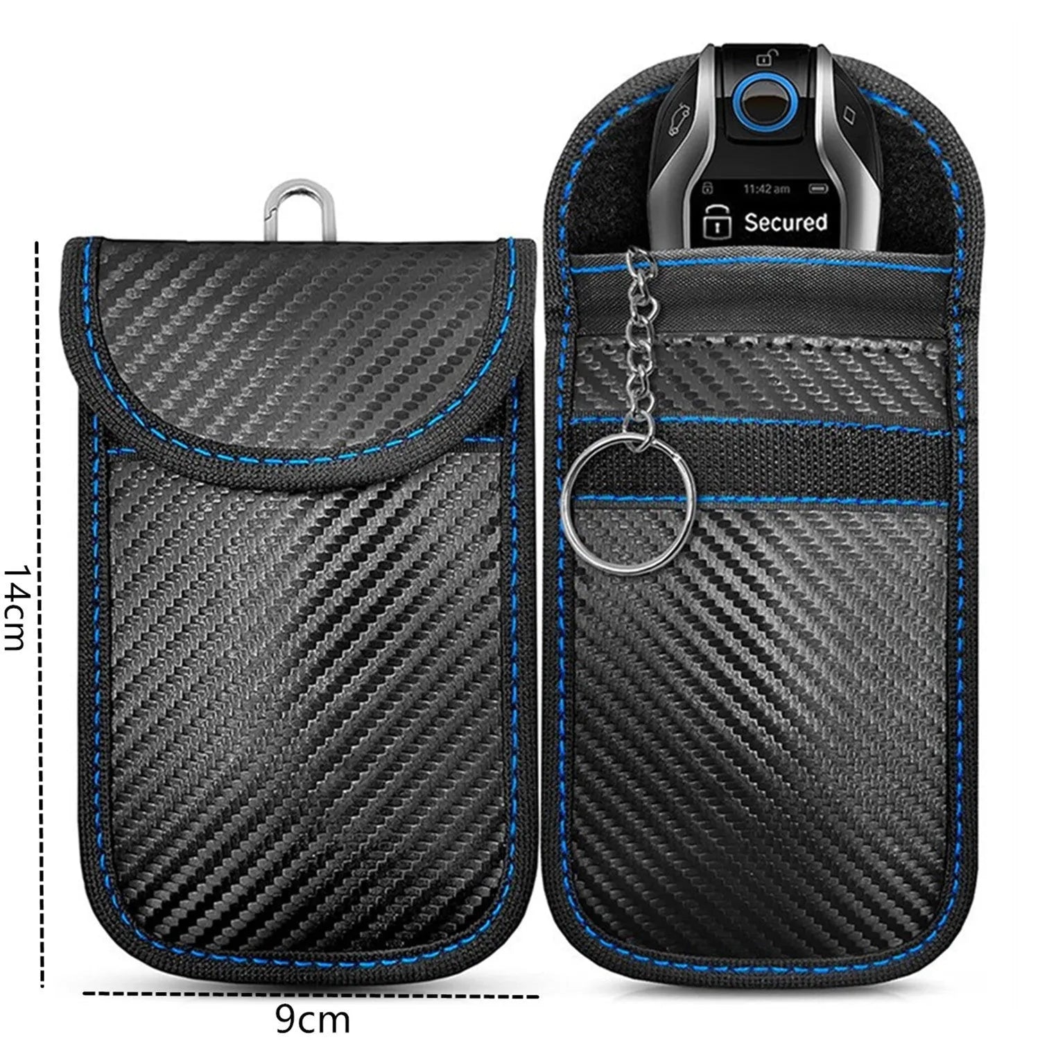 Faraday bag key protector (16 x 10 cm) in blue, green, red, and white for car key fob signal blocking anti-theft