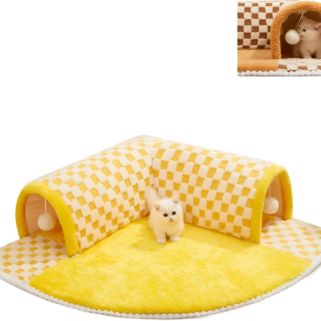 Brown plaid plush cat tunnel bed with central mat showing collapsible zipper design and non-slip bottom