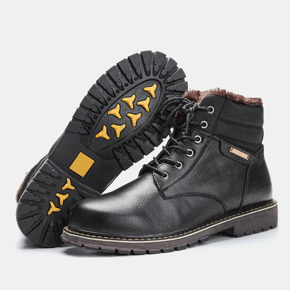 Plus size men's real leather snow boots with fleece lining, knee-high, rubber sole, black, sizes 39-47