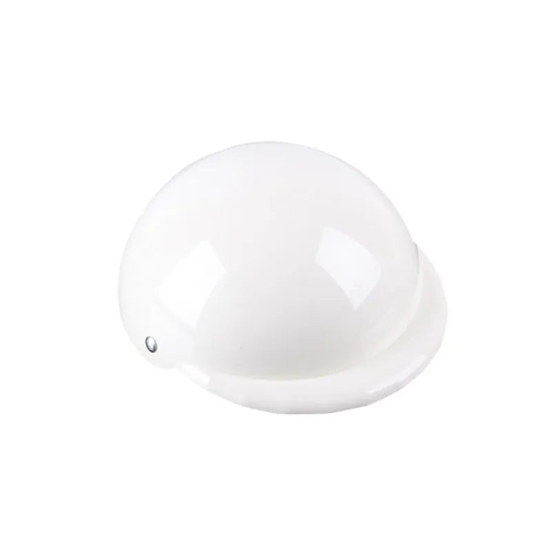 Plastic dog motorcycle-style helmet cap shown in multiple colours and sizes for small, medium, and large dogs.
