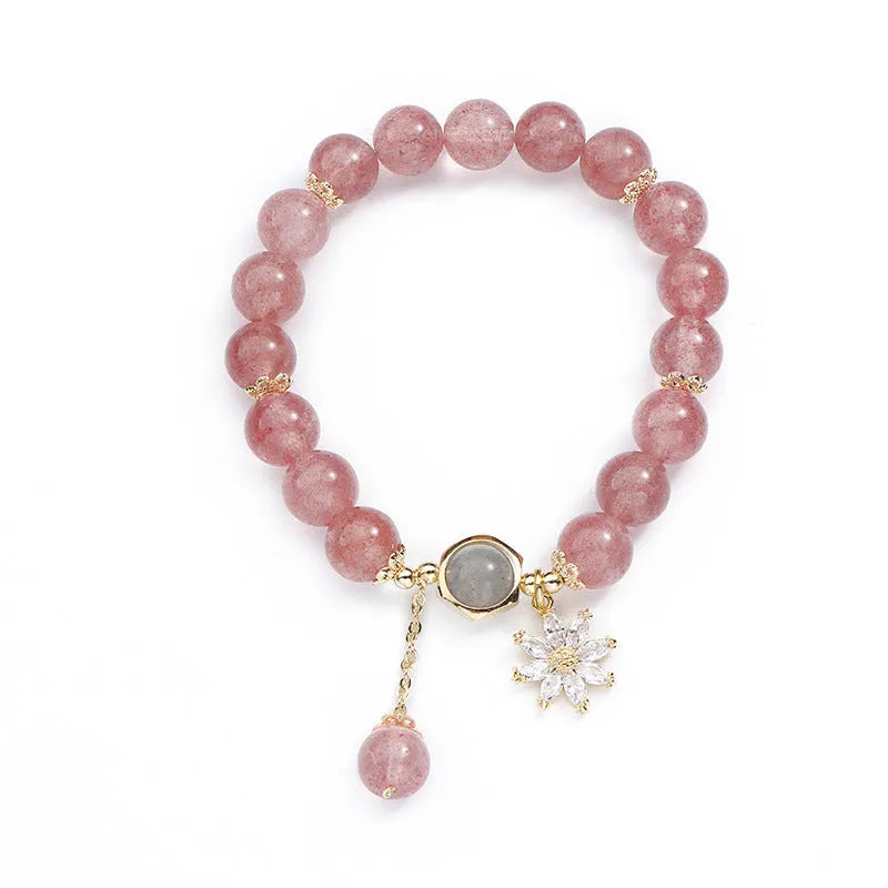 Korean style strawberry quartz bracelet with floral charm and silver accents