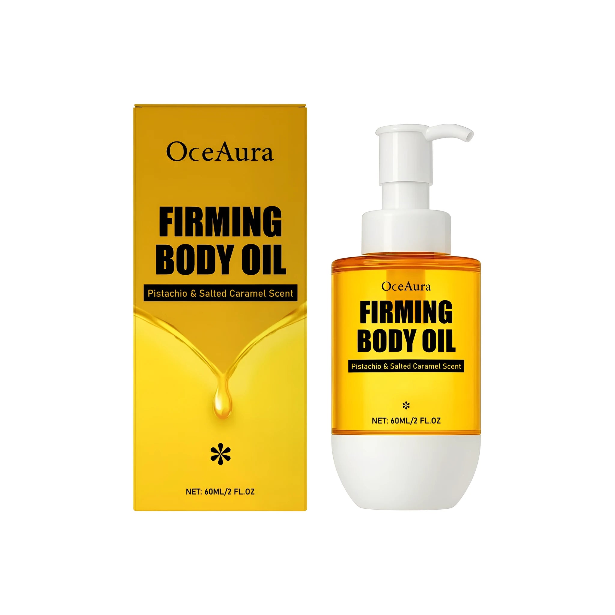 60ml bottle of tightening and wrinkle resistant body oil with a formula containing pistachio seed oil.