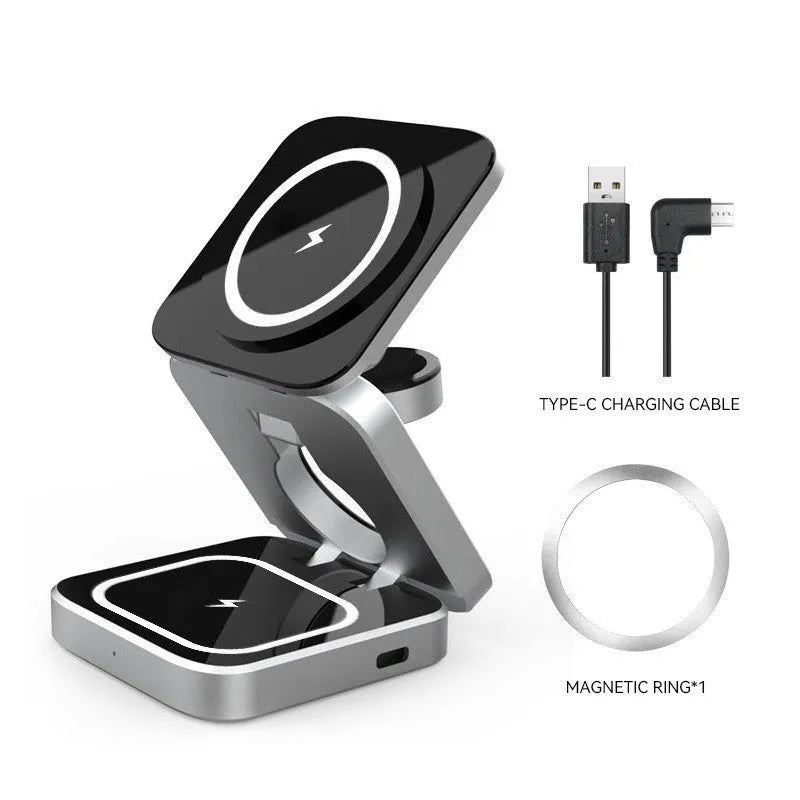 Folding three-in-one desktop wireless charging bracket for Apple, Samsung, and Google Pixel devices on a table.