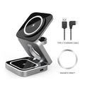 Folding three-in-one desktop wireless charging bracket for Apple, Samsung, and Google Pixel devices on a table.