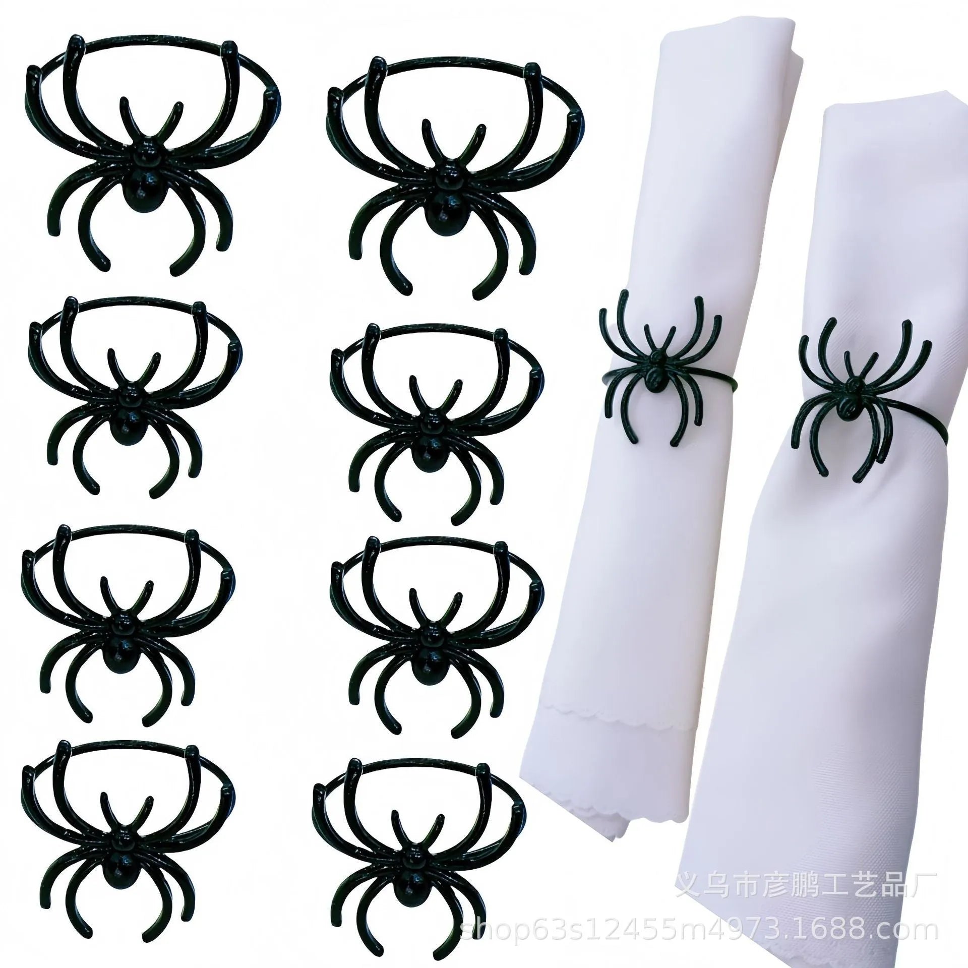 Six black metal spider-shaped napkin rings for Halloween table decoration.