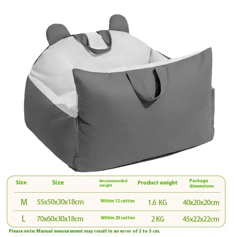 Blue beige removable washable car kennel for dogs, shown in L size 70x60x30cm.