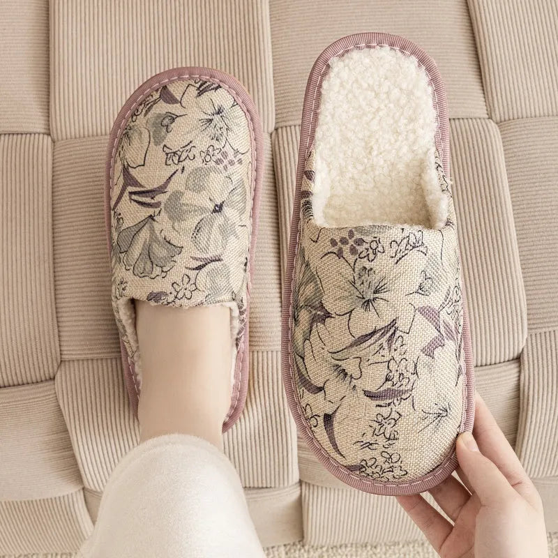Winter cotton slippers with linen surface, PVC sole, available in floral colours and precise centimetre sizes