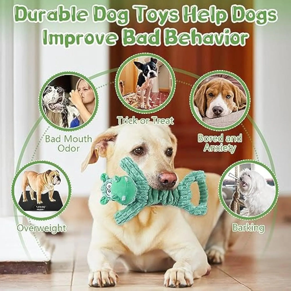 Large blue and green plush hippo dog toy with a handle, shown extended for tug of war