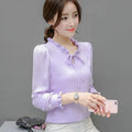 Loose plus size bow chiffon shirt in rose red – women's polyester long sleeve pullover blouse
