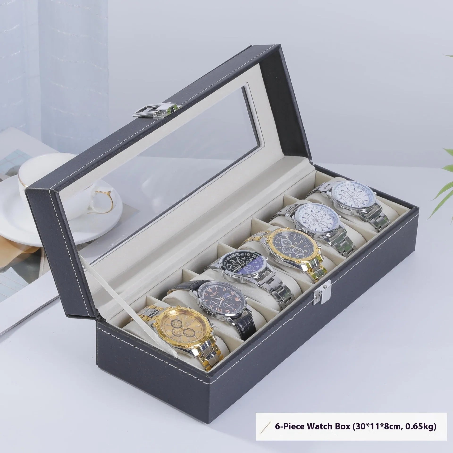 Grey leather watch storage box with transparent dustproof lid showing multiple capacity size options