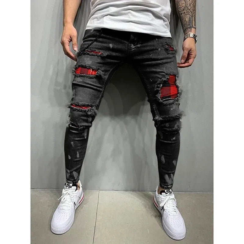 Men's cotton paint jeans in black, straight-leg style for casual or artistic use