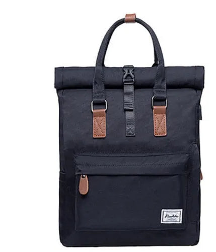 Casual polyester backpack with cover opening showing internal computer pocket and zipper organiser