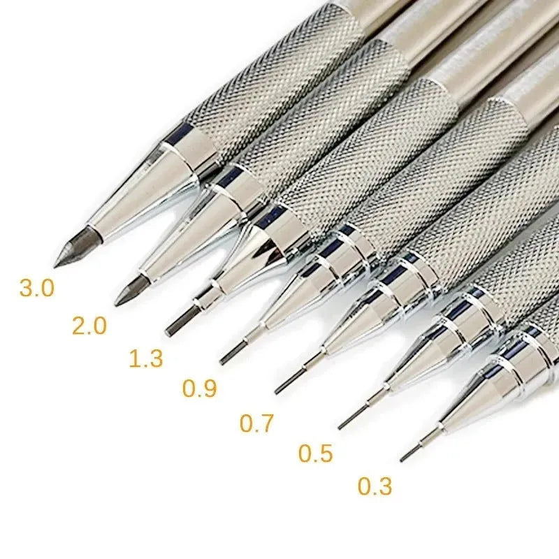 Metal automatic mechanical pencil compatible with five sizes of 2B lead refills.
