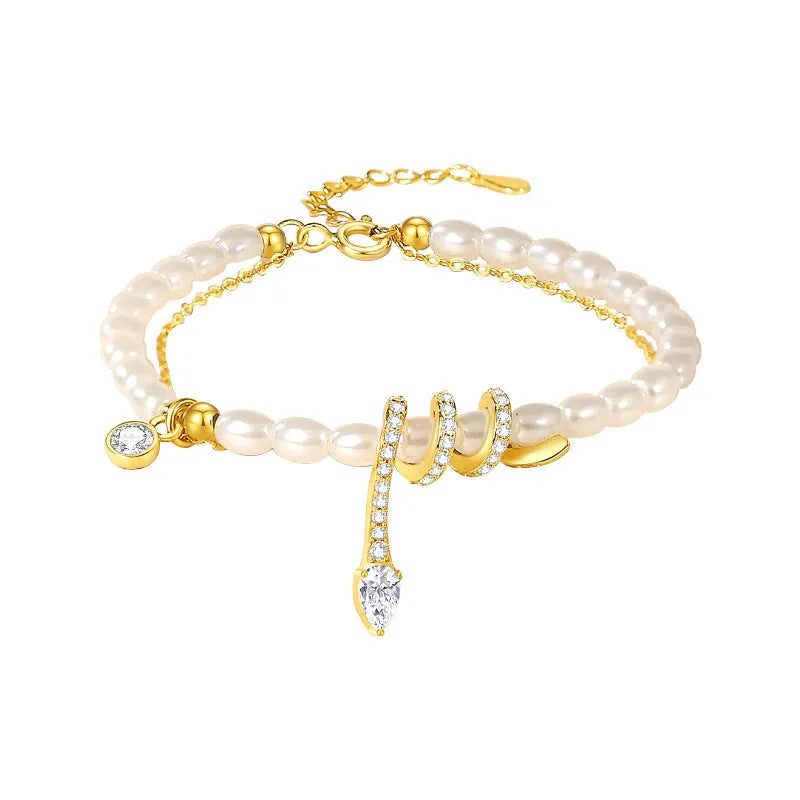 925 silver beaded bracelet with snake charm in New Chinese style, available in gold or white gold electroplated finishes