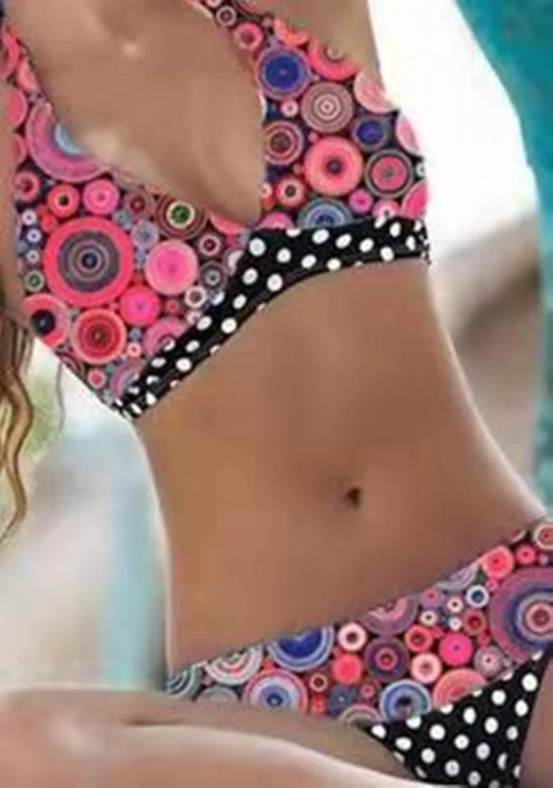 Women's printed high waist split bikini suit in floral pattern, polyester spandex, sizes S to 2XL