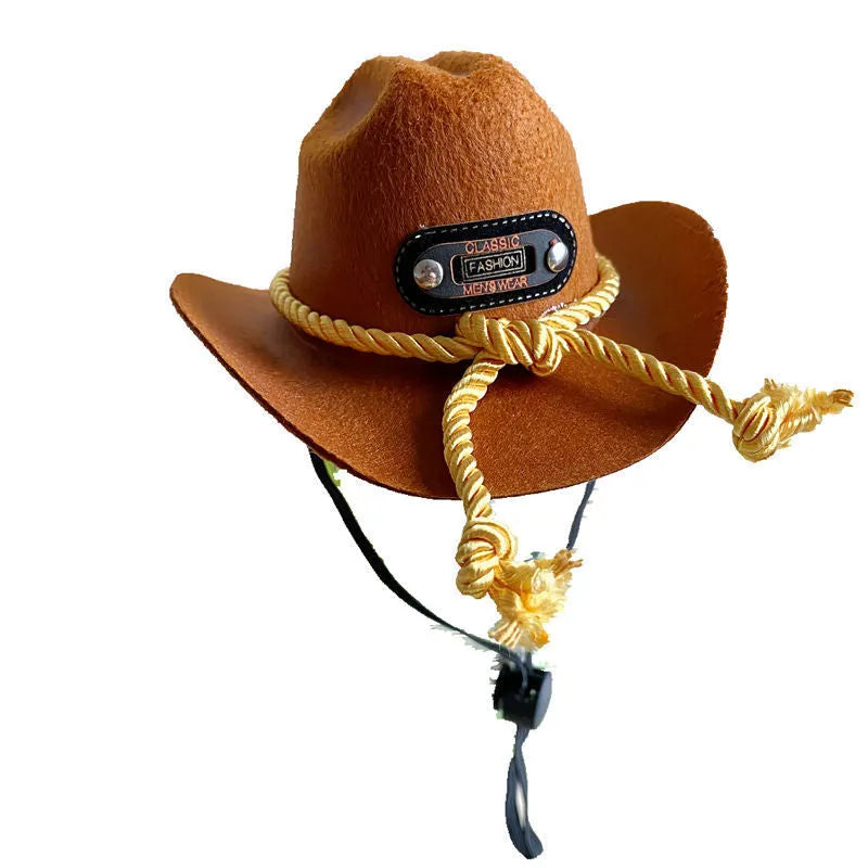 British-style brown non-woven fabric cowboy hat for a cat on a mannequin head.