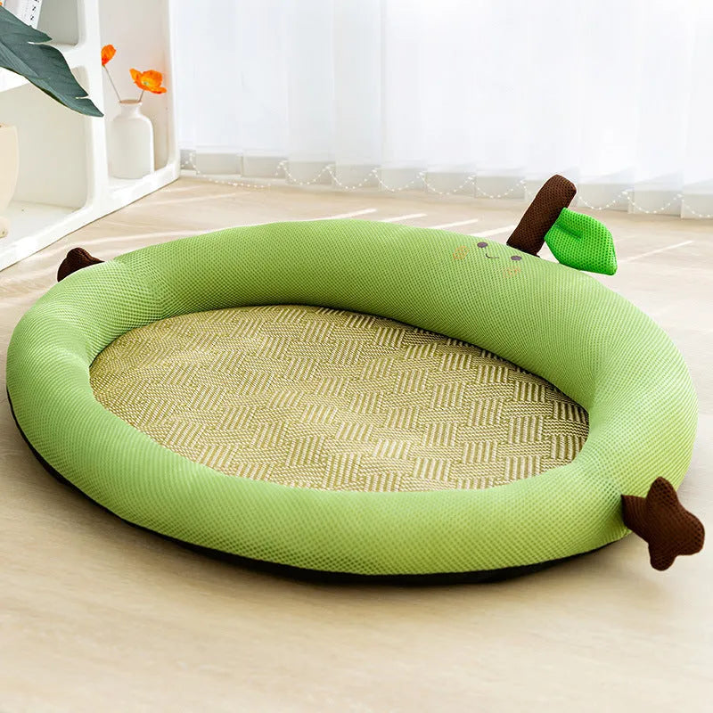 Green fruit backrest pet cooling mat for dogs and cats on a wooden floor