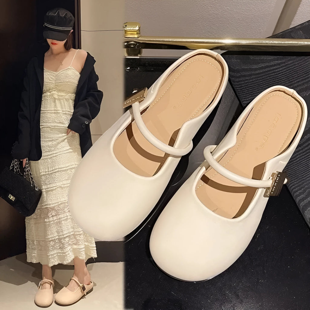 Women's wild square buckle toe cap semi slipper slip-on shoe with PVC upper in khaki colour