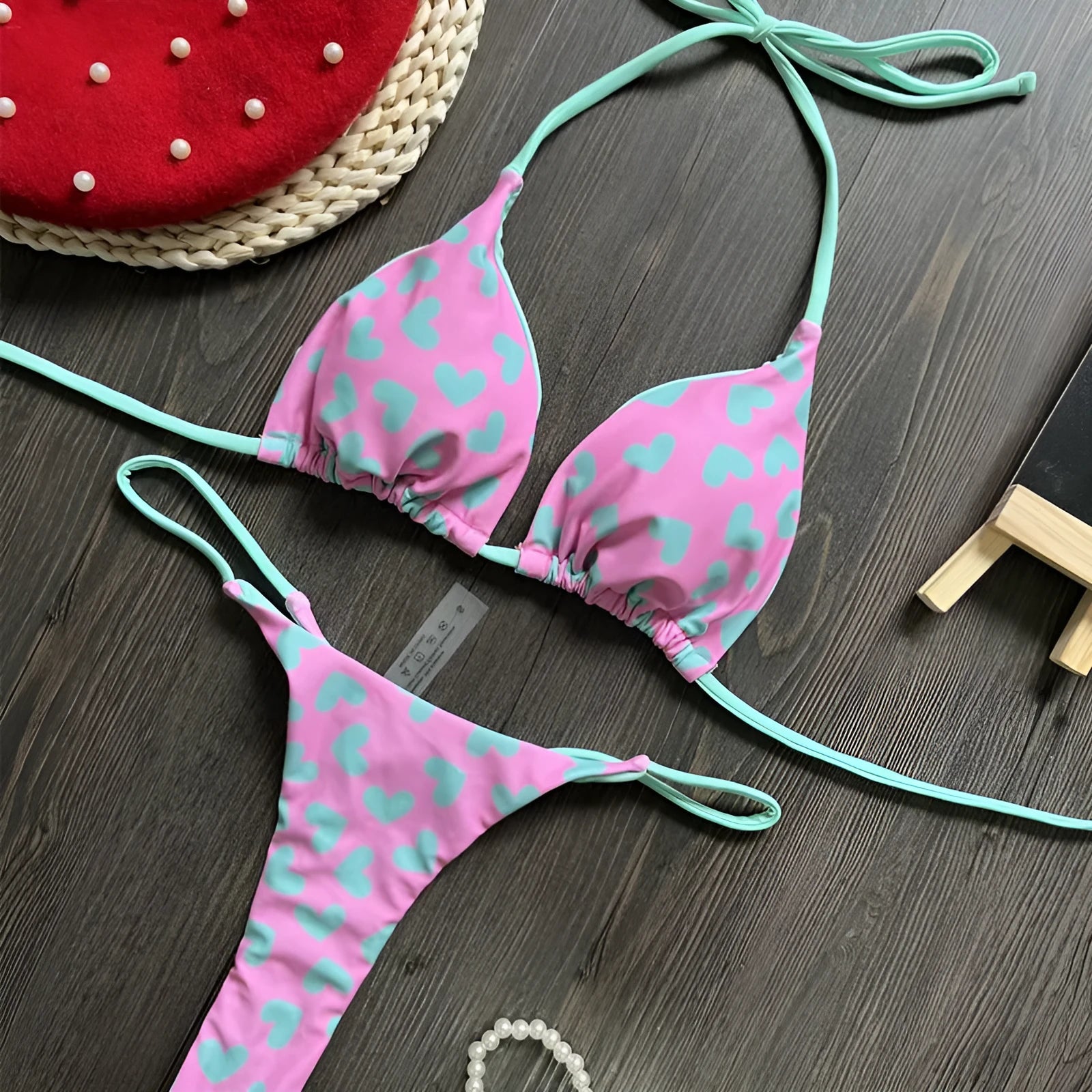 Heart printing backless split swimsuit briefs in quick-drying nylon with cotton lining