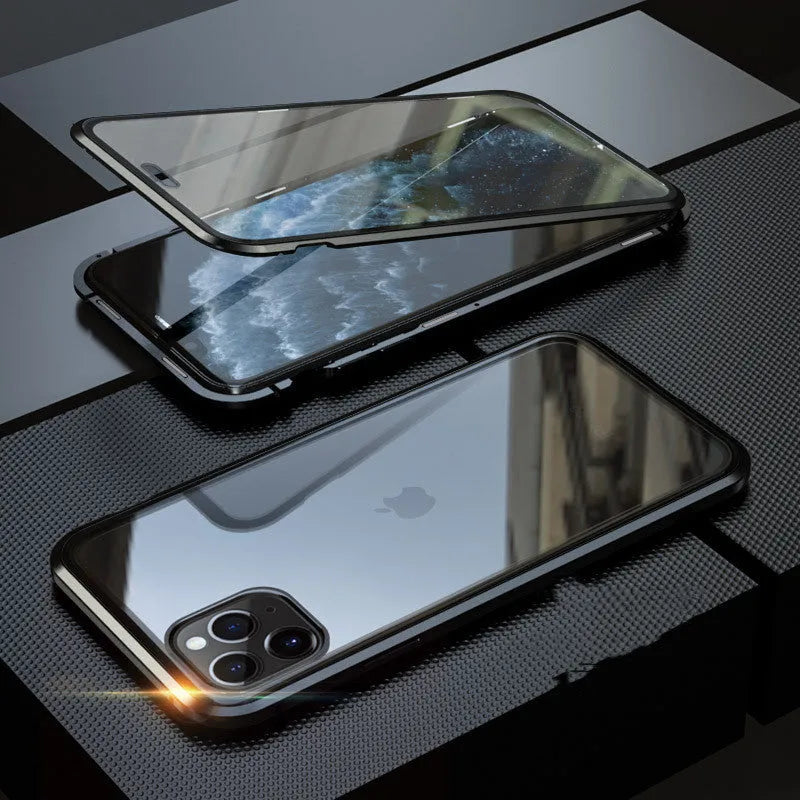 Glass anti-spy phone case with closed clamshell design showing geometric styling