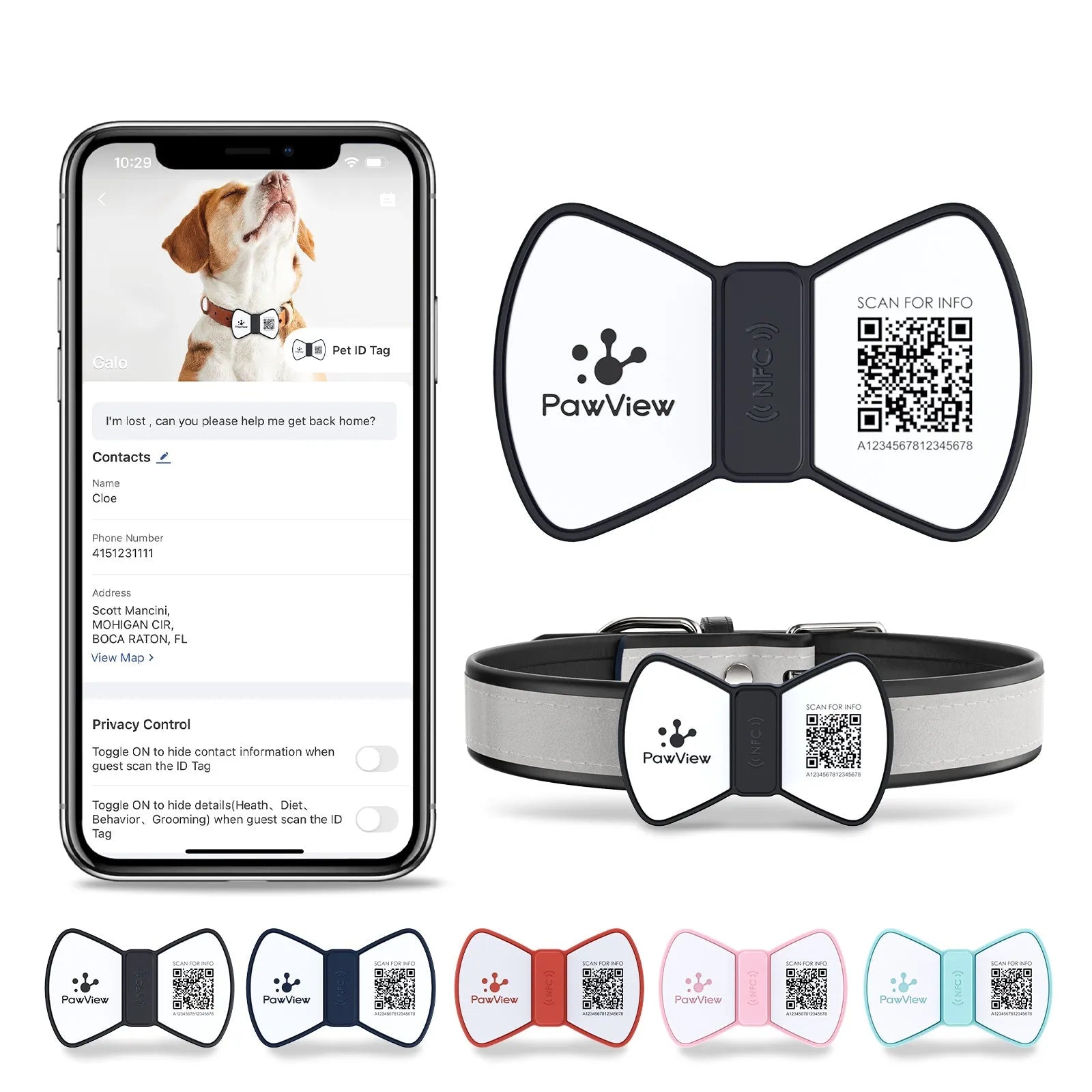 NFC smart QR code silicone pet ID tag with bowknot decoration for dogs and cats