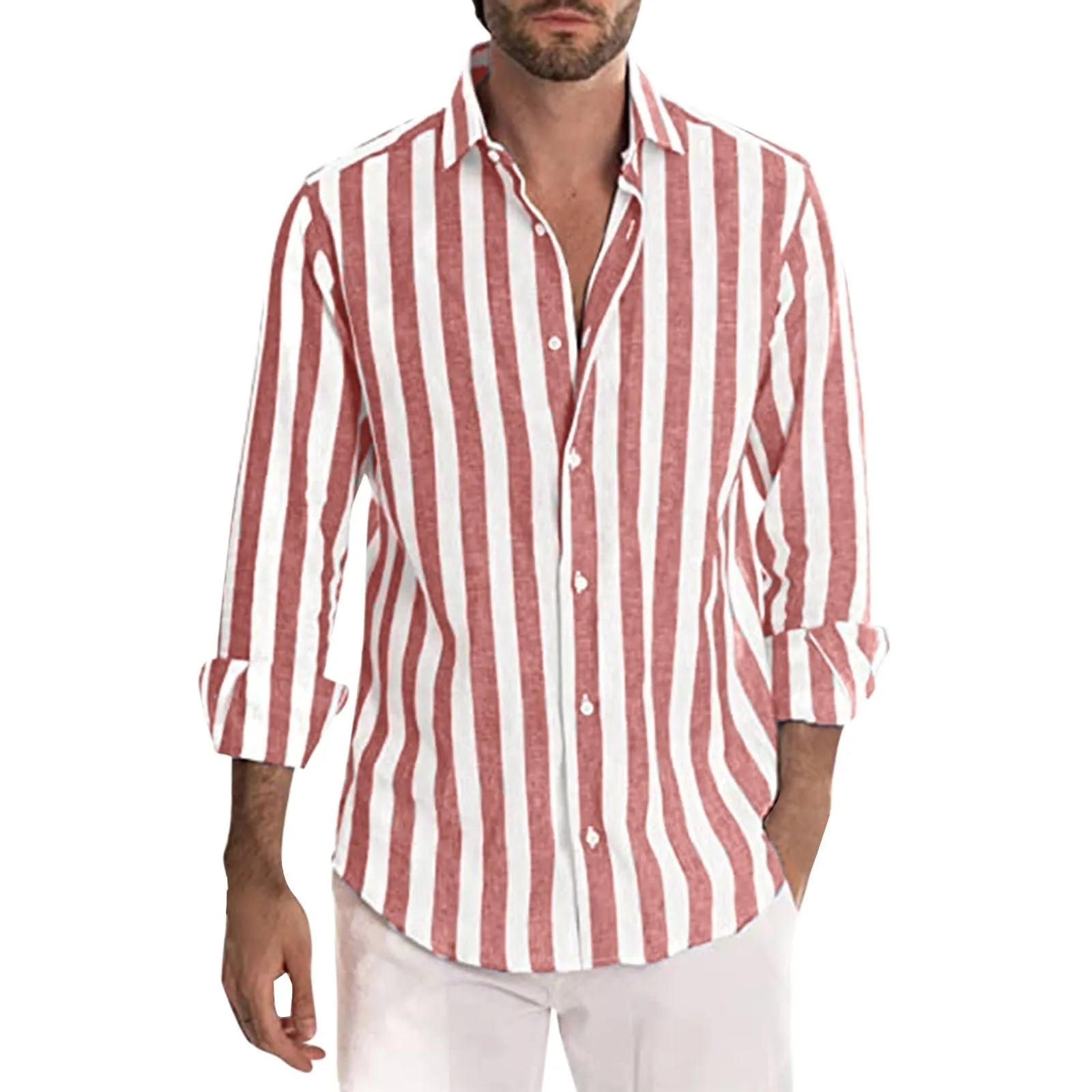 Men's yarn-dyed striped loose long-sleeved shirt in British style polyester fabric