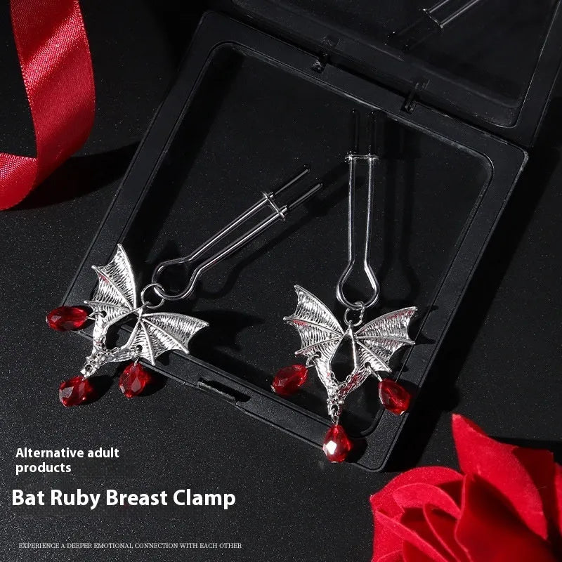 Silver adjustable bat nipple clamp with ruby clip design for intimate jewellery