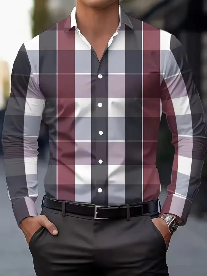 Men's striped long sleeve shirt with button lapel in a choice of colours