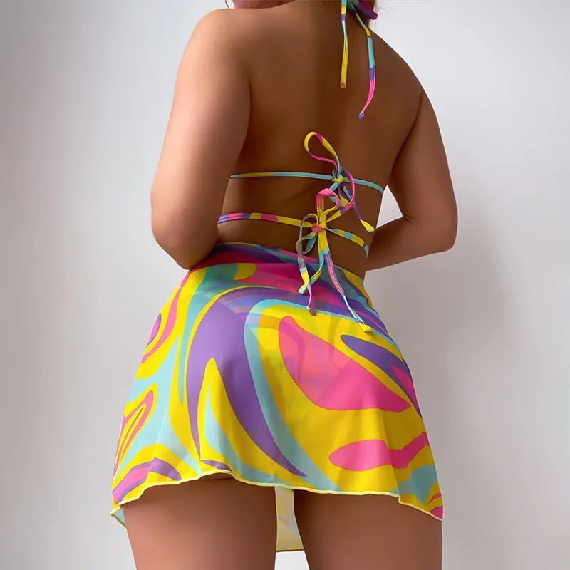 Yellow striped halter lace-up swimsuit for women with skirt and shorts