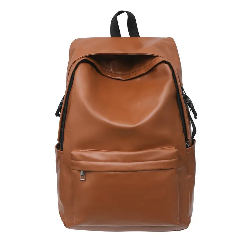 Travel Out large capacity PU leather backpack in black with air pillow belt and sewing thread design, 33x16x46cm